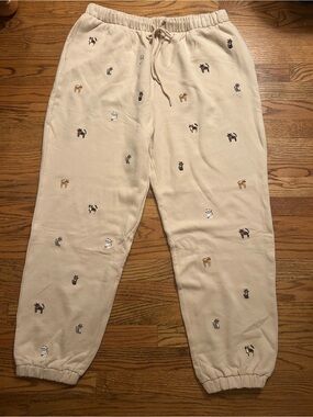 Natural Life Women’s Sz XL Cream Cotton Blend Dog Embroidered Sweatpants Joggers